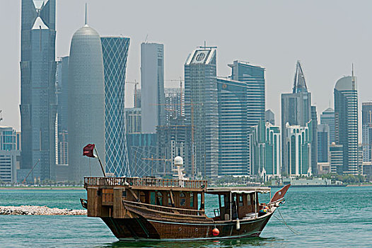 卡塔尔,木船,正面,现代,城市天际线,多哈