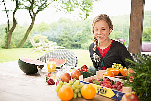 女孩,庭院桌,品种,新鲜,水果