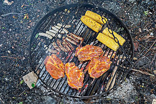 肉,香肠,玉米棒,上方,烧烤,火