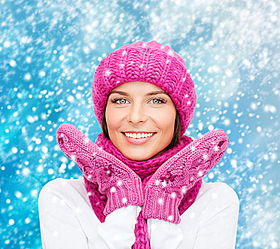 冬天,人,高兴,概念,女人,帽子,围巾,连指手套
