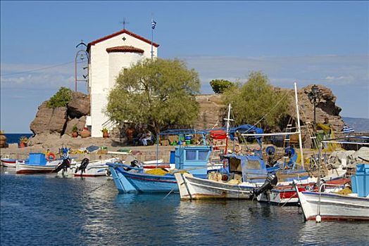 小,渔船,小教堂,莱斯博斯岛,岛屿,爱琴海,希腊,欧洲