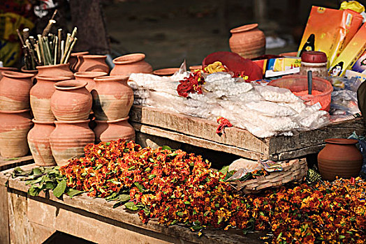 宗教祭品,市场货摊,比哈尔邦,印度