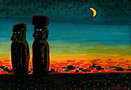 晚间,复活节岛,水彩,20世纪