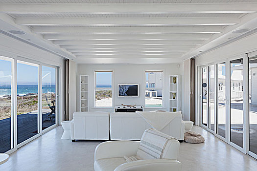 白色,客厅,家,展示,海滨别墅