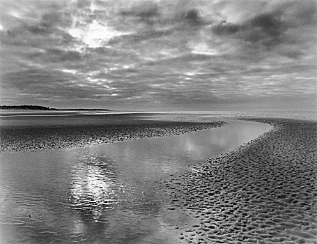 海滩,低,潮汐,波纹,沙子,太阳,后面,破损,云,反射,水池,诺福克,英国