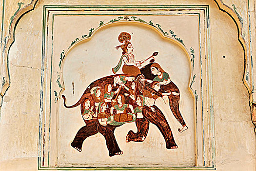 骑,大象,插画,墙面浮雕,庙宇,峡谷,斋浦尔,拉贾斯坦邦,北印度,亚洲