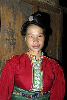 女人,坝,部落,堆积,发型,穿,浅色,传统服装,禁止,省,老挝,东南亚