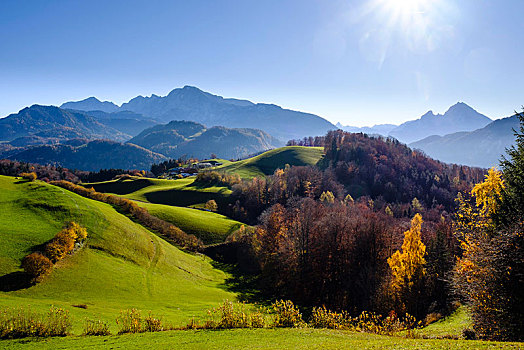 山景,秋天,左边,右边,瓦茨曼山,贝希特斯加登阿尔卑斯山,国家公园,上巴伐利亚,巴伐利亚,德国,欧洲