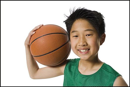 肖像,男孩,拿着,篮球,微笑