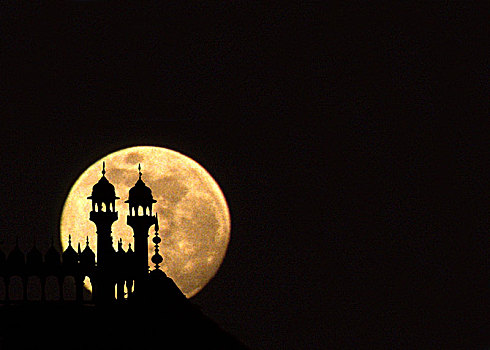 满月,上方,清真寺,老德里,德里,印度,亚洲