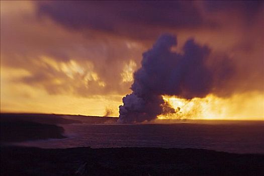 夏威夷,夏威夷大岛,卡拉帕那,蒸汽,云,火山岩,进入,太平洋,基拉韦厄火山,日落,聚焦