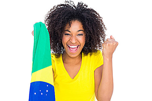 漂亮,女孩,黄色,t恤,拿着,巴西国旗,欢呼,看镜头
