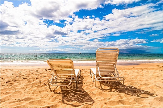 空,折叠躺椅,麦肯那,海滩,毛伊岛,夏威夷