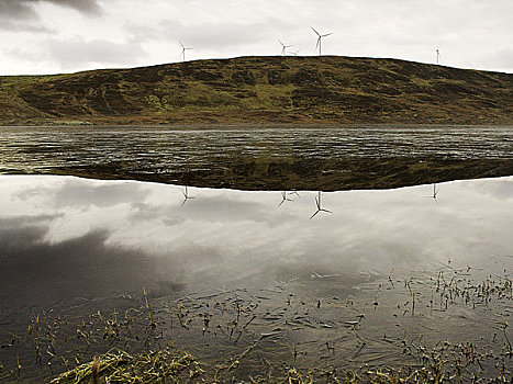 苏格兰,设得兰群岛,风力发电机,高处,湖