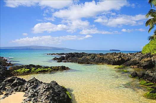 夏威夷,毛伊岛,麦肯那,秘密,海滩,浅,海洋,水,围绕,石头,沙子