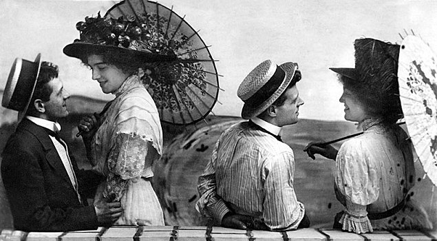 调情,两个,爱人,夏装,遮阳伞,海滩,20世纪20年代,德国,欧洲