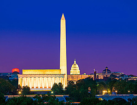华盛顿特区,天际线,纪念建筑,首都,亚伯拉罕-林肯,纪念,日落