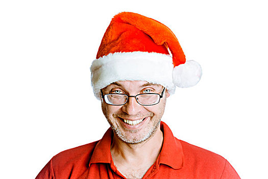 微笑,高兴,未刮脸,男人,眼镜,帽子,圣诞老人