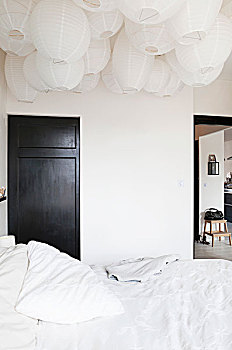 双人床,白色,床上用品,仰视,海洋,纸灯笼,天花板,室内,门,背景