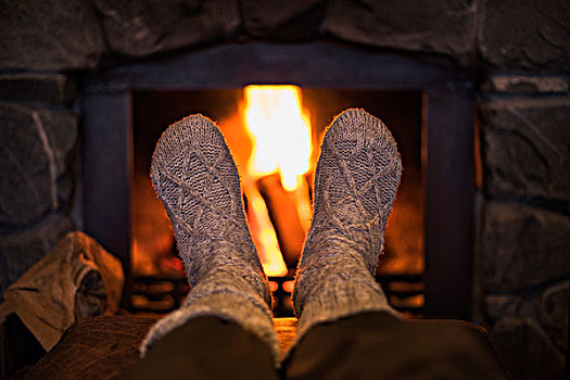 脚,羊毛袜,靠近,壁炉