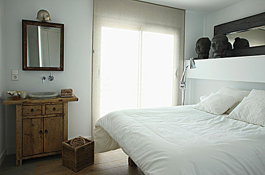 双人床,白色,床上用品,靠近,窗户,乡村,衣柜,水槽
