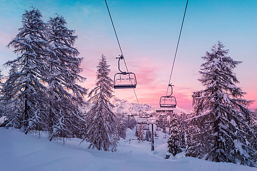 冬天,山,全景,滑雪坡,滑雪缆车