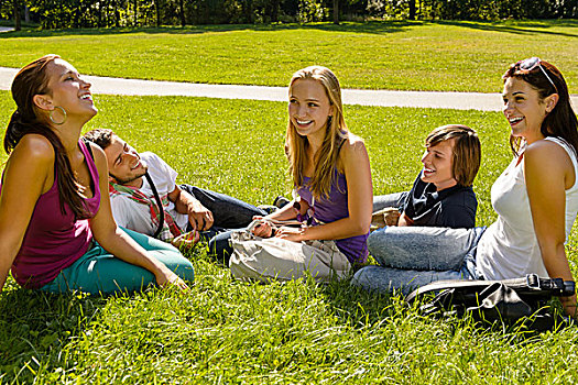 青少年,坐,草坪,公园,交谈