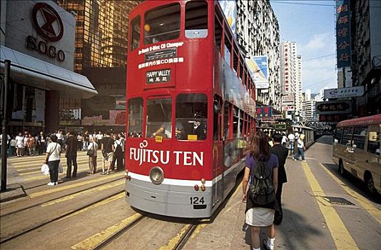 香港,中国,铜锣湾,红色电车,有轨电车,镇中心,巴士,买,商务,行人,电车,路,商业街