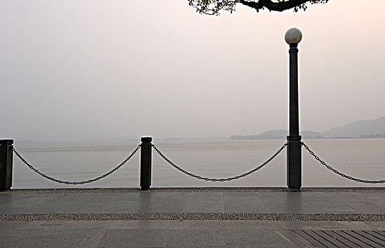 杭州,湖,早,早晨,雾气,围栏