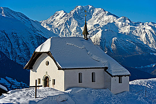 冬天,小教堂,雪,顶峰,贝特默阿尔卑,瓦莱,瑞士,欧洲