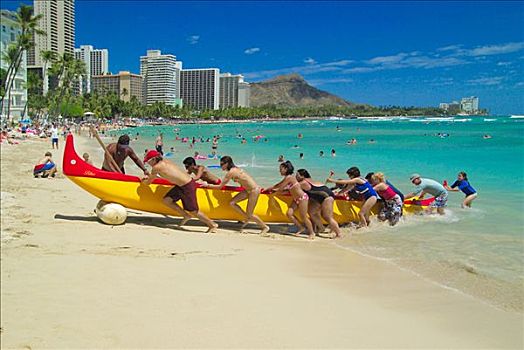 夏威夷,瓦胡岛,怀基基海滩,舷外支架,独木舟,钻石海岬,游客,推,岸边