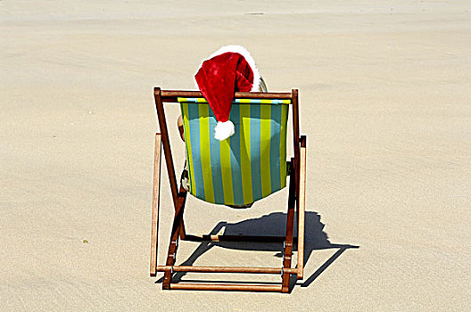 海滩,折叠躺椅,圣诞老人,帽,后面,序列,掩饰,装束,圣诞节,智慧,概念,度假,旅游,复原,放松,日光浴,享受