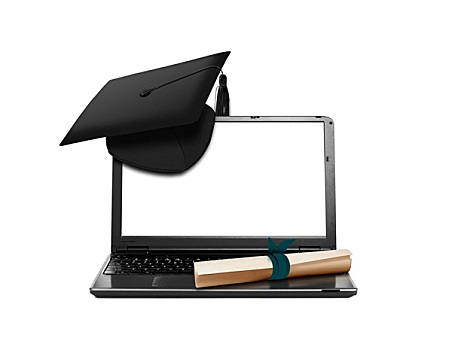笔记本电脑,学位帽,卷,教育,概念