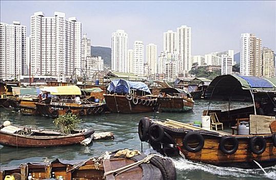 香港,老,帆船,前景,现代建筑,背景