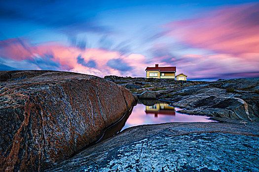 房子,岩石海岸,黎明