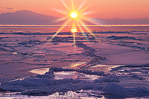 日出,浮冰,鄂霍次克海,海洋
