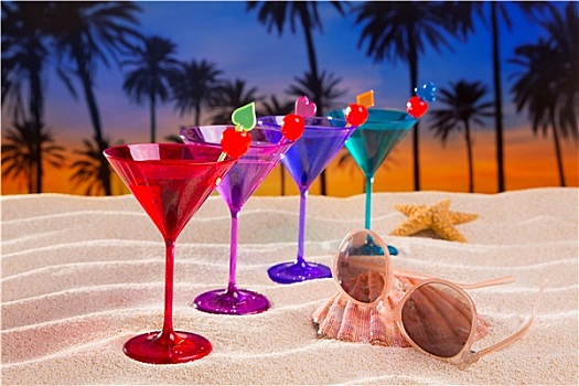 彩色,鸡尾酒,排列,樱桃,沙滩,棕榈树