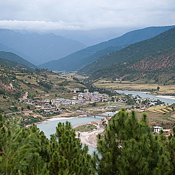 俯视,普那卡,地区,山谷,不丹