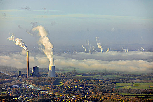 燃煤,电厂,能源,电,地区,加热,排放,气,释放,烟,发电站,鲁尔区,北莱茵威斯特伐利亚,德国,欧洲