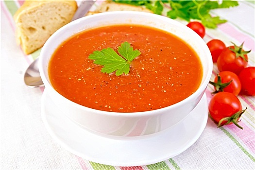 汤,西红柿,碗,亚麻布,餐巾