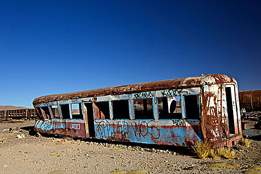 残骸,老,车厢,列车,墓地,乌尤尼盐沼,西南方,玻利维亚
