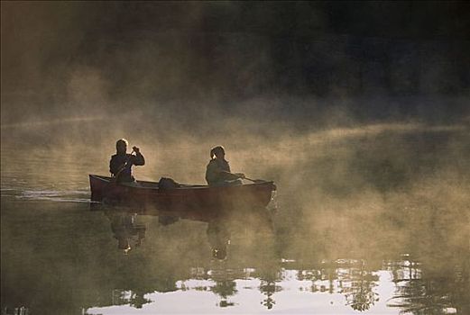 伴侣,独木舟,湖,雾,安大略省,加拿大