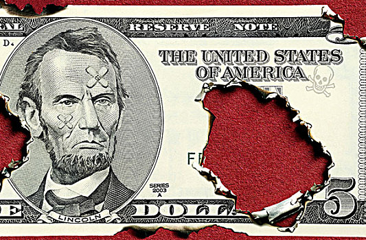 烧,五个,美元,钞票,象征,图像,美国,国家,债务