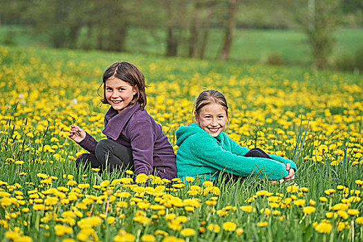 头像,两个女孩,坐,草地,春天,普拉蒂纳特,巴伐利亚,德国