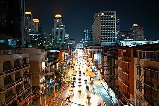 城市,公路,交通,摩天大楼,天际线,夜晚,曼谷,泰国