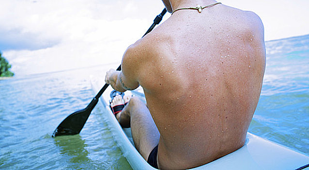 夏威夷,考艾岛,海滩,动作,男性,划船,一个,男人,独木舟