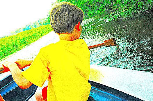后视图,男孩,划船,船,河