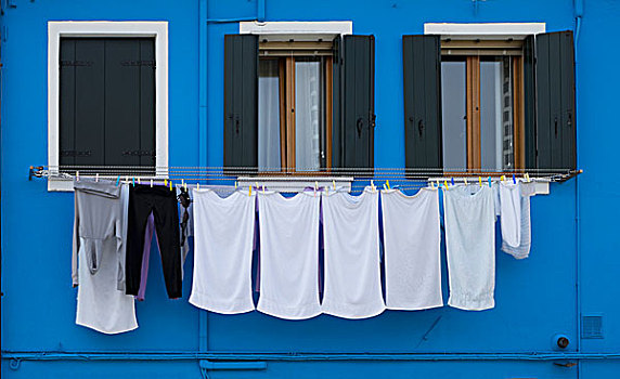 特写,洗衣服,蓝色,涂绘,房子,布拉诺岛,威尼斯,威尼托,意大利