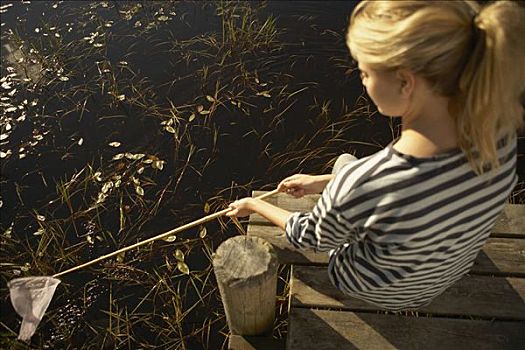 女青年,水塘,渔网