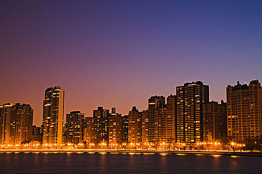 芝加哥,市区,天际线,夜晚